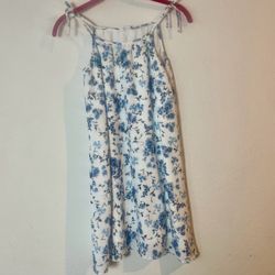 White Blue Floral Tie-Strap Mini Dress