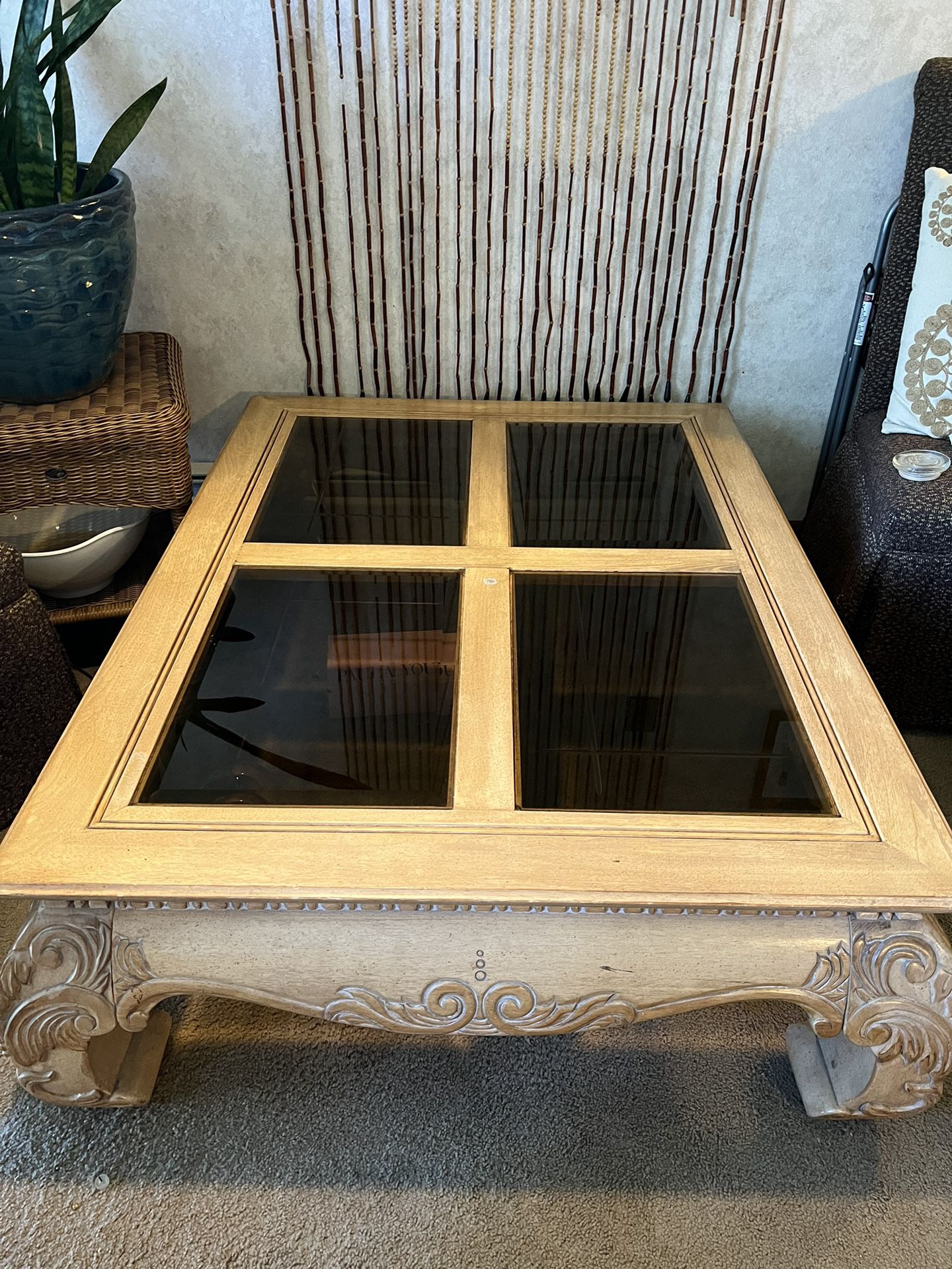 Gorgeous, Solid Blonde Wood Carved With Smoky Brown Beveled Glass On Top In Very Very Good Condition Age Unknown