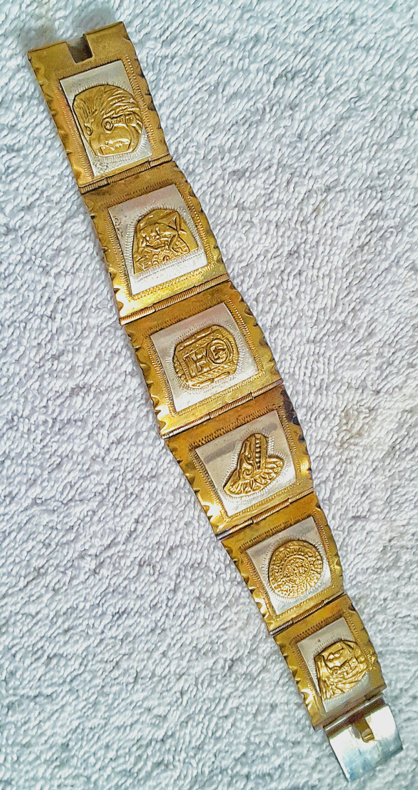 Taxco Mexican Sterling silver 925 Cuff bracelet w AZTEC design & Gold Panels MADE IN MEXICO
