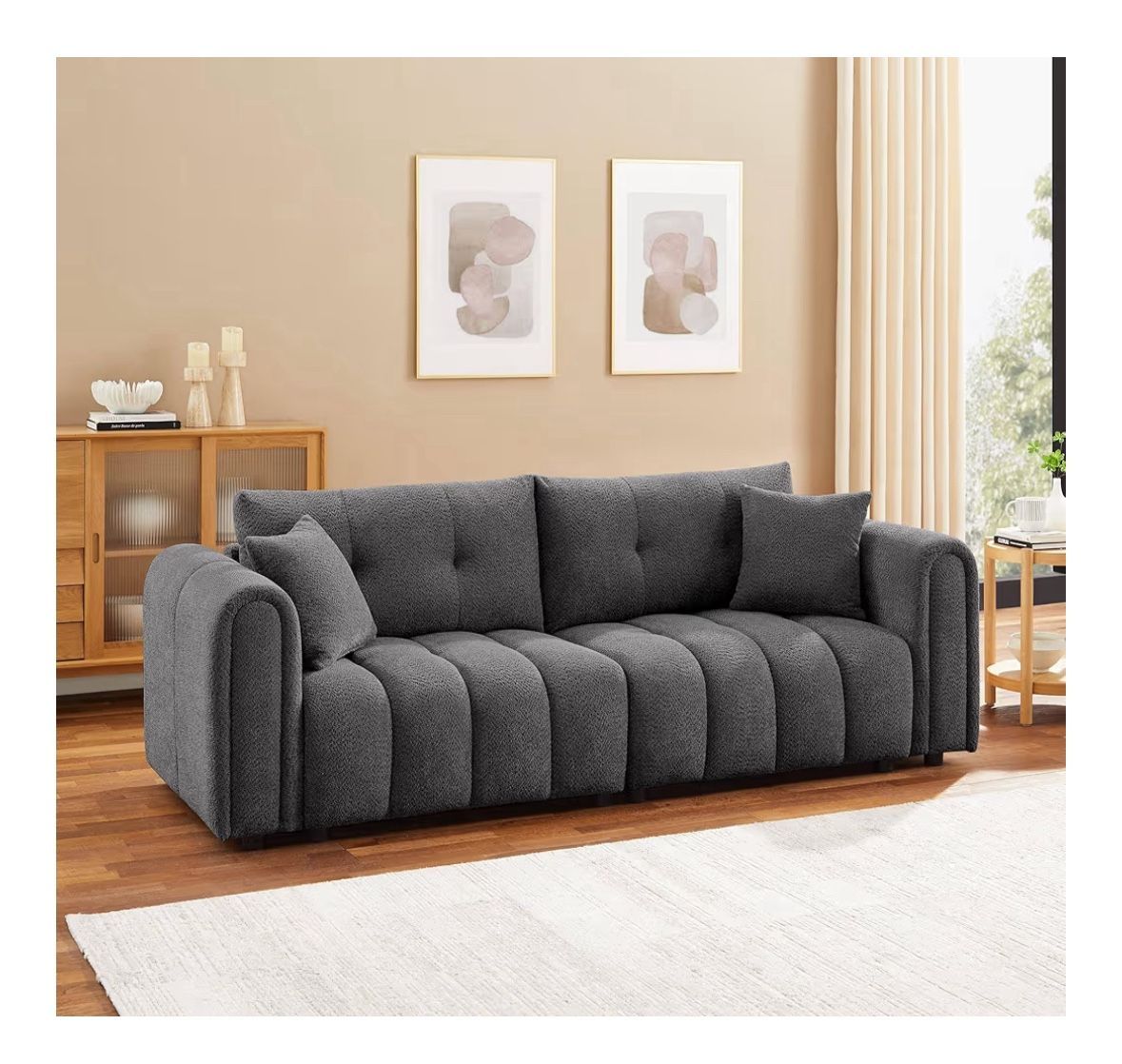 Charcoal Grey Boucle Modern Couch 92in