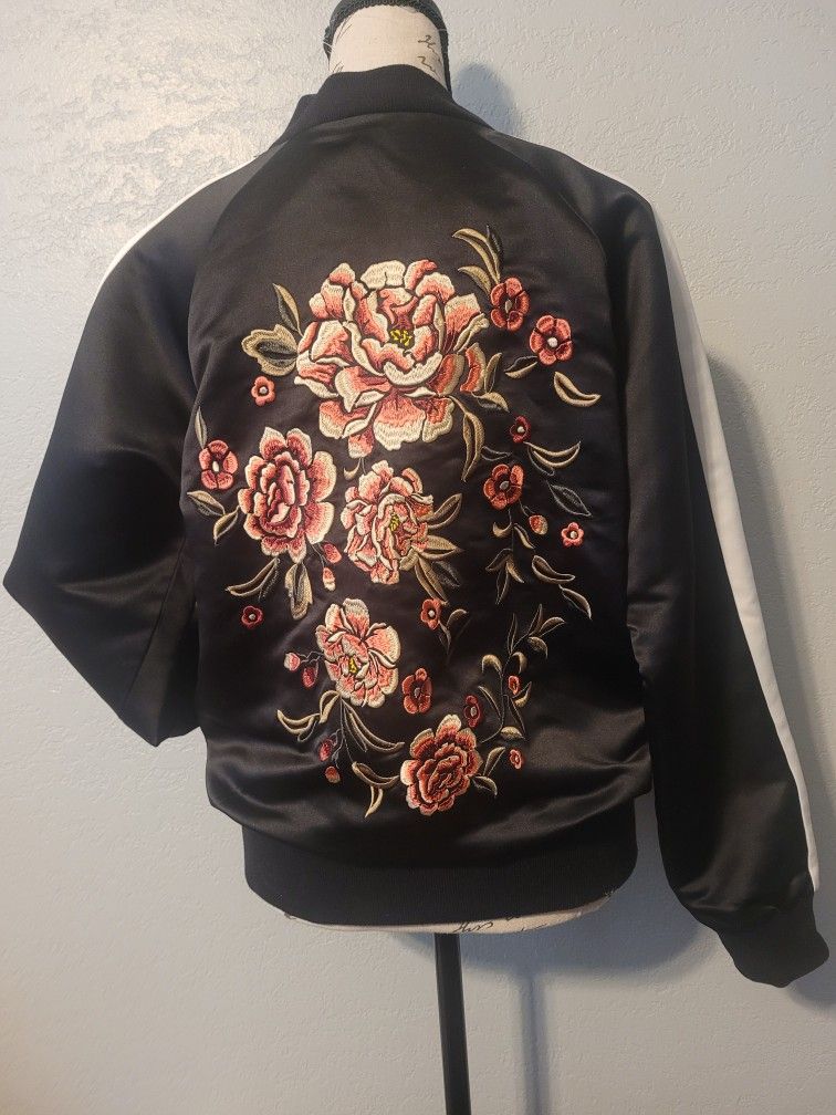 FOREVER 21 Satin Bomber Jacket with Embroidery