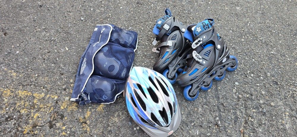 High Bounce Blue Adjustable Inline Roller Skates with helmet and protection