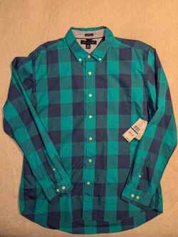 Tommy Hilfiger XL Blue/Green Plaid Custom Fit Long Sleeve Button Down, New