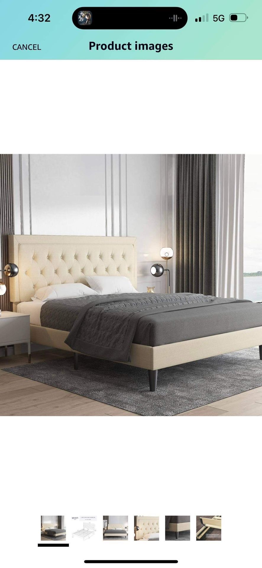 Q5-Queen Size Button Tufted Platform Bed Frame/Fabric Upholstered Bed Frame with Adjustable Headboard/Wood Slat Support/Mattress Foundation/Beige (Que