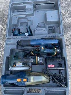 18 volt Roybi 5 pcs set, (drill, saw saw, vacuum, hand lamp, rotary saw, 2 batteries and a charger.