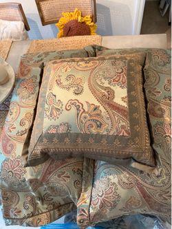 Decorative Pillows with King size comforter in a green and multi paisley pattern
