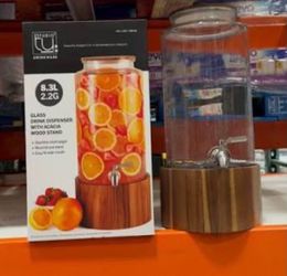 Glass Beverage Dispenser with Wood Stand