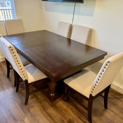 High-End Luxury Extendable Solid Wood Dining Table Set – Alcott Hill® “Edmundson” Burnished Extendable Table w/Leaf & Trestle Base + 6 Three Posts™ “D