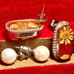 Vintage Handmade Sterling Silver Real Flower Earrings Stud Pearls