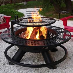  47" Outdoor Fire Pit with Adjustable Grill, 2-in-1 Large Wood Burning Round FirePits, Metal Outdoor Fireplaces, Round Metal Table for Patio, Backyard