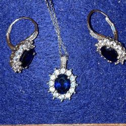 Oval lab-created blue and white sapphire with diamonds earring & necklace set