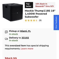 Mackie Thump 118 S subwoofer with cover And Warranty ( new never used - read)