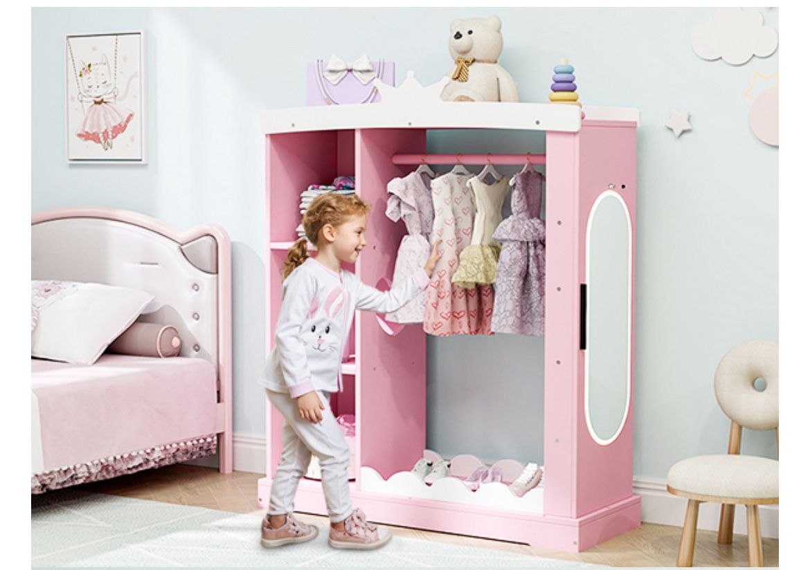 Open Bookshelf, Kids Closet with Jewelry Cabinet & Full-Length Mirror, Armoires Storage Closet for Lit