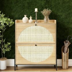 New 2-Drawer Narrow Wooden Shoe Cabinet with Rattan Doors for 25-30 pairs