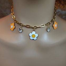 Floral Heart Crystal Flower Charm Choker Necklace 