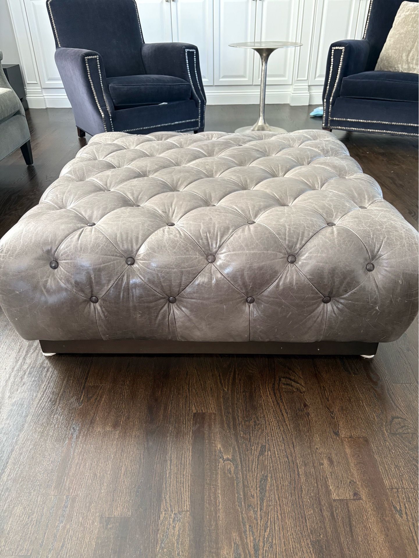 Large Tufted Leather Ottoman – 41” x 41” x 15” – Modern / Chesterfield Style