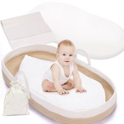 Baby Changing Basket with Storage Bag, Moses Basket for Babies, Thick Diaper Changing Pad, Leaf Shape Pad, Waterproof Leather Pad, Cotton Rope, Changi