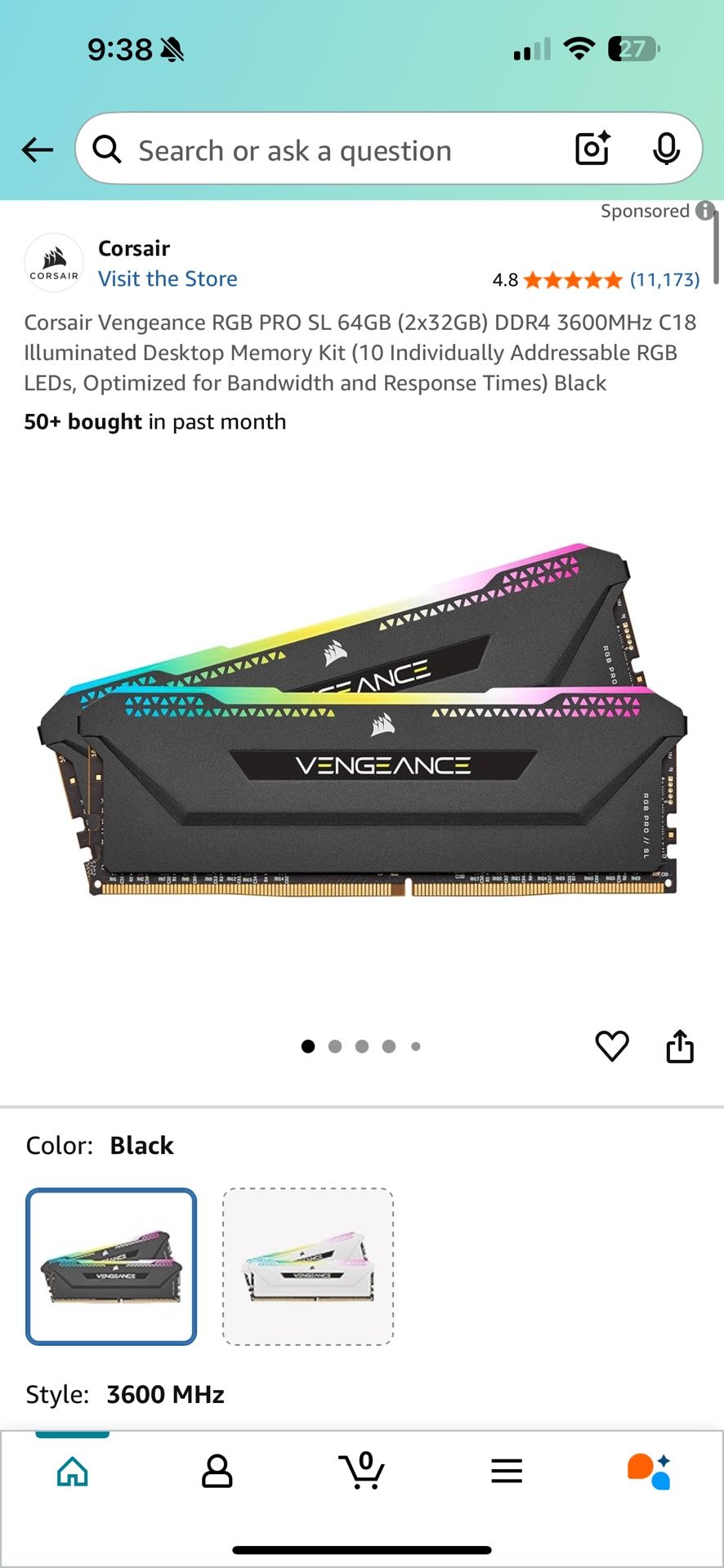 Corsair Vengeance RGB PRO SL 64GB (2x32GB) DDR4 3600MHz C18 Illuminated Desktop Memory Kit (10 Individually Addressable RGB LEDs, Optimized for Bandwi
