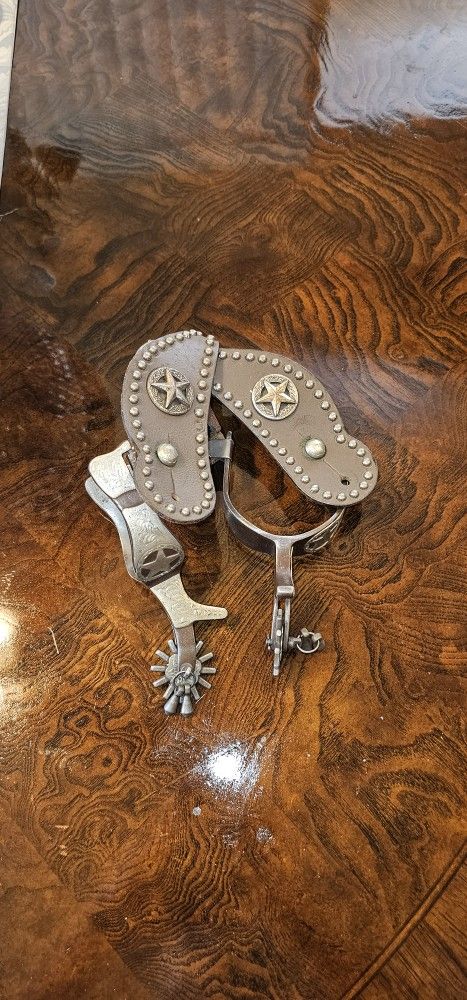 Antique Spurs Original Leather Cast Iron Silver Studded Texas Star / Cowboys / Western / Saddle / Horses / Rodeos / Cowboy Hats / Boots / Vintage/ Cow
