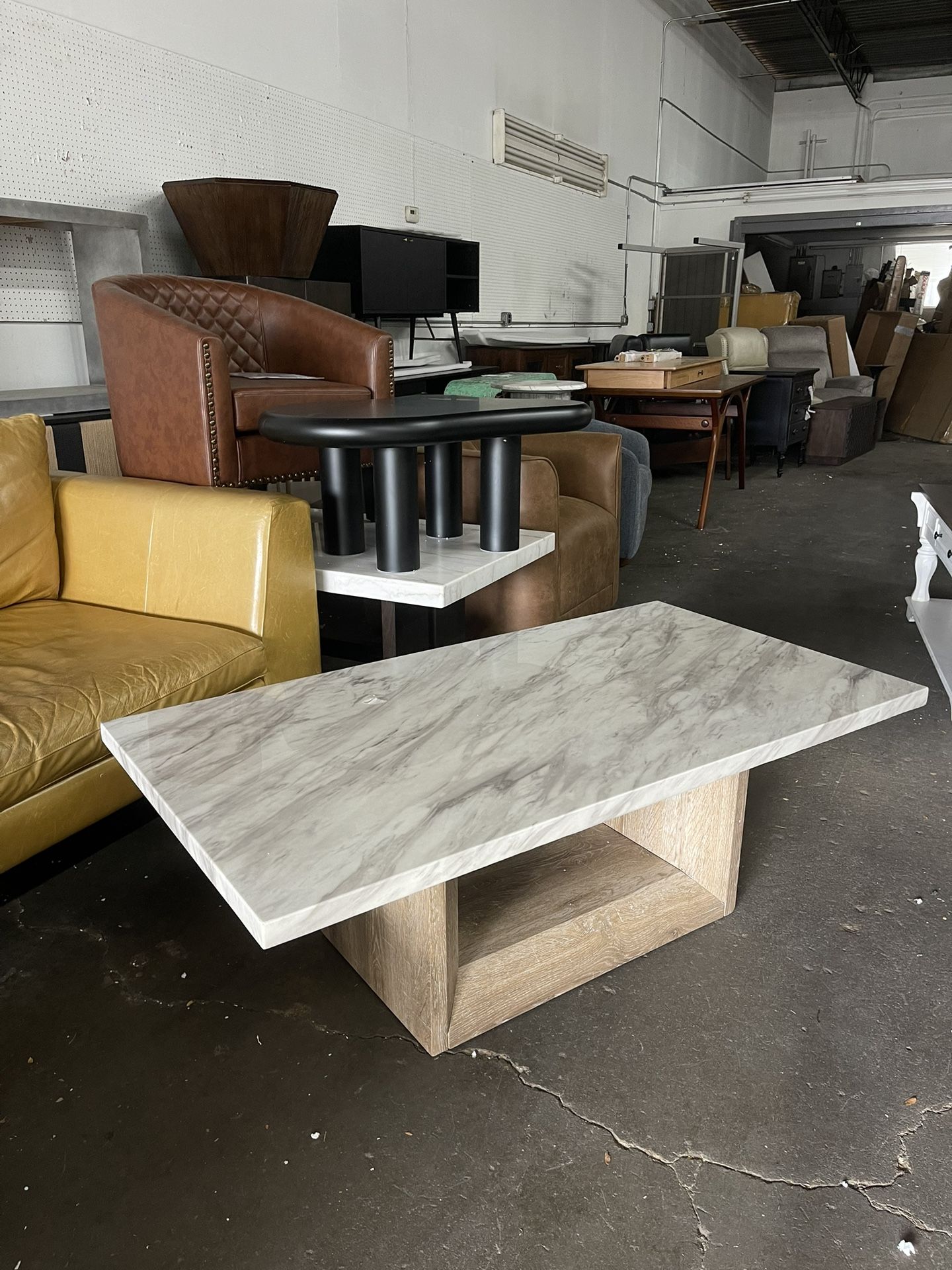 Faux Marble Top & Natural Wood Finish Pedestal Base Coffee Table