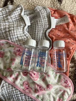 Free baby burp cloth & 3 glass baby bottles