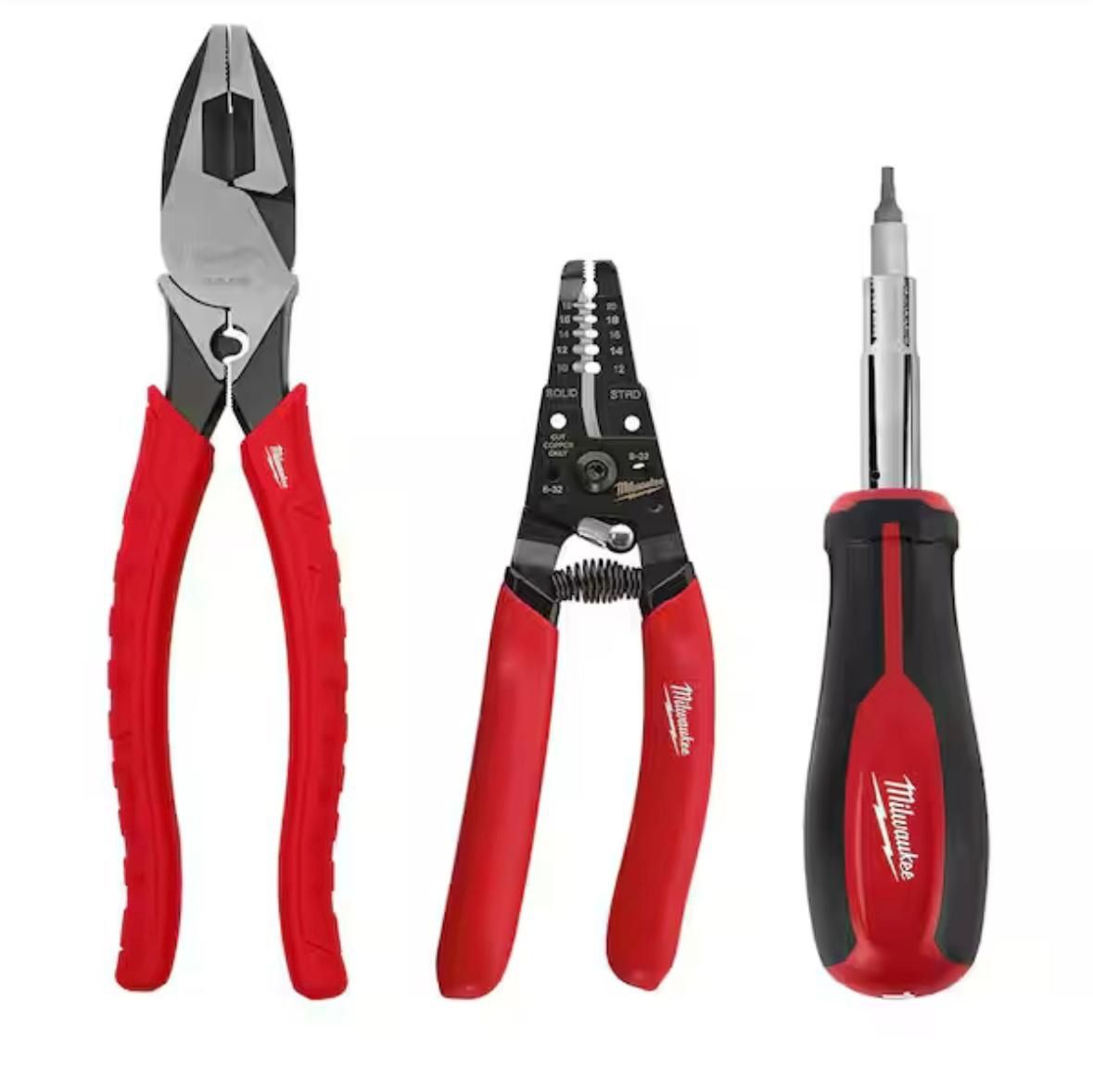 Milwaukee electrician's Screwdriver, lineman's plier & wire stripper hand tool kit (3-piece