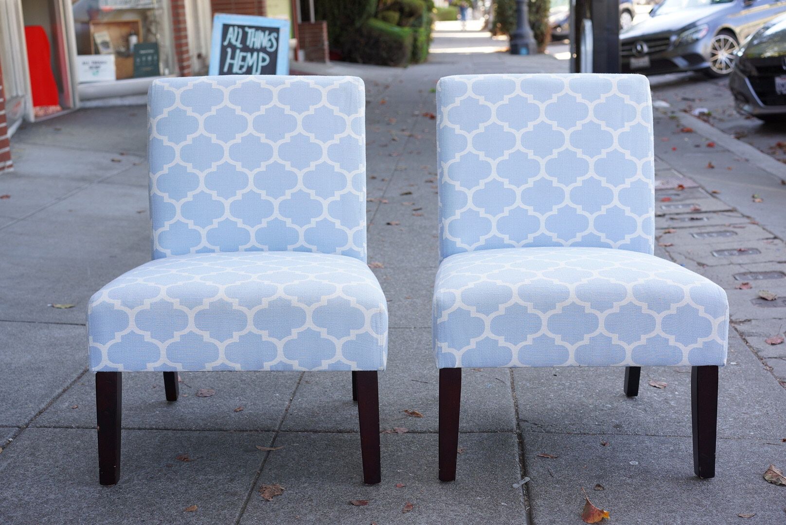 #100410 Pair of Armless Baby Blue Chairs 25" Wide x 28" Deep x 34" Tall