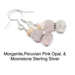 Morganite, Moonstone, & Peruvian Pink Opal Genuine Stone .925 Sterling Silver Earrings 