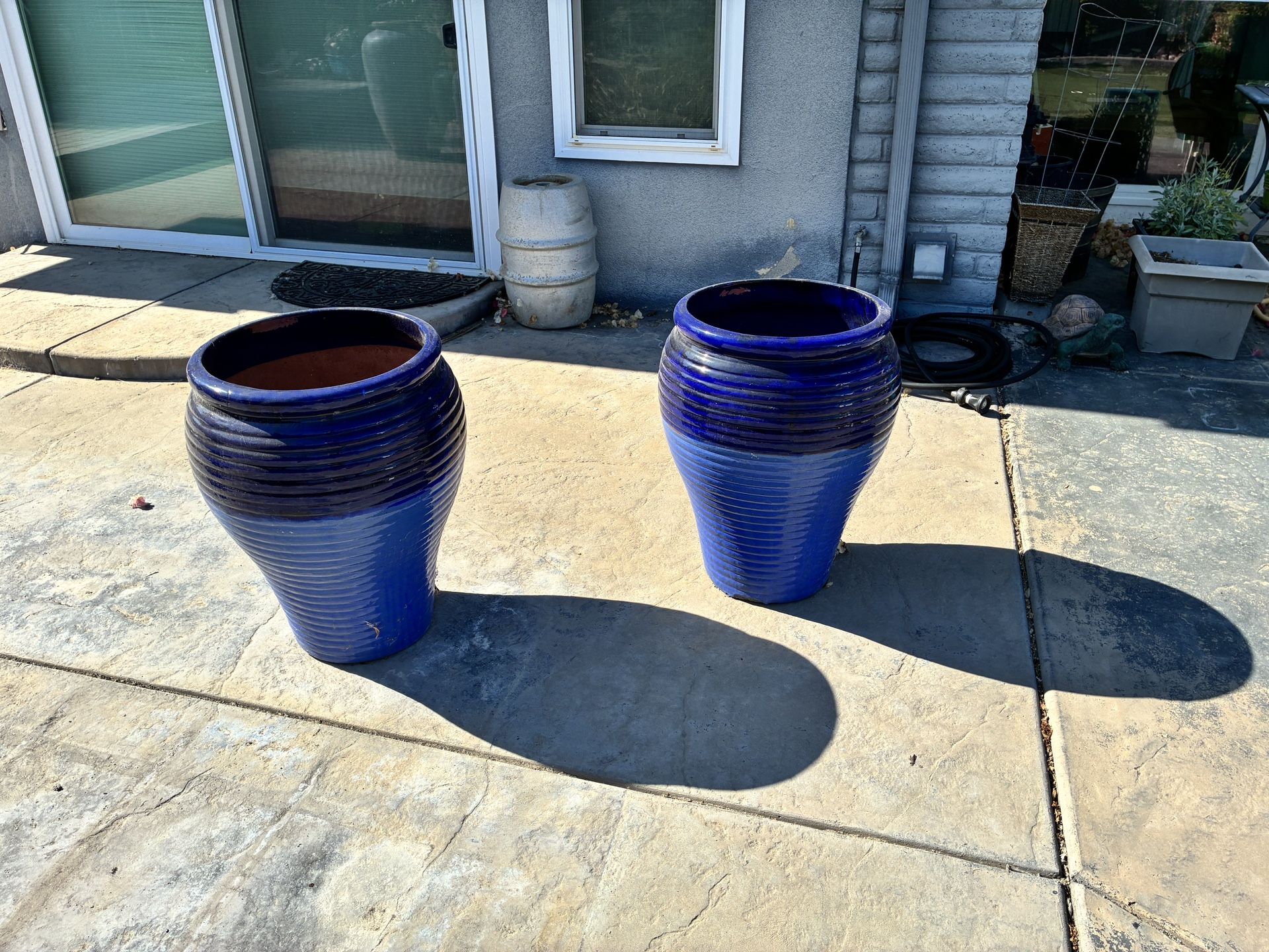 Tall Blue Clay Pots (ribbed blue pattern) $100 each OR BEST OFFER