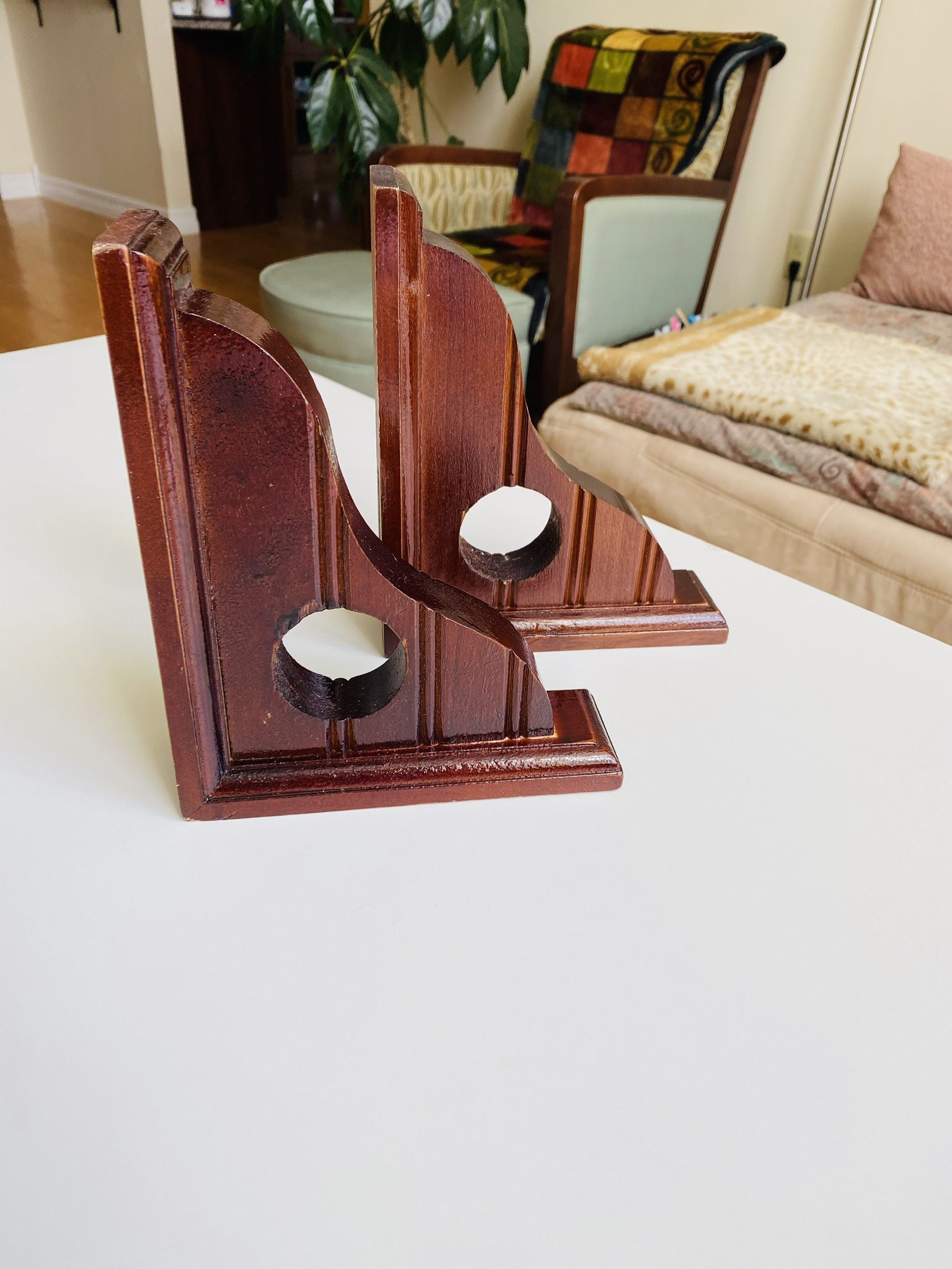 2 Vintage Antique Wooden Curtain Brackets. Like new condition. 8.5” x 7”. 2.25” wide. Rod hole diameter 2”.