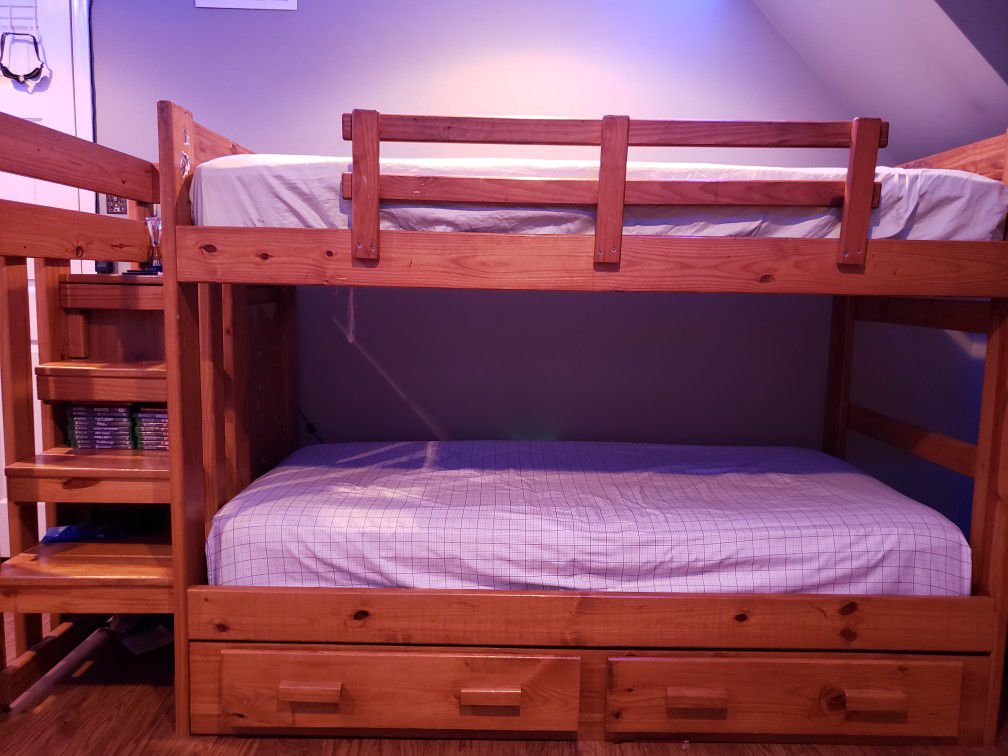 Oak Bunk Bed w/ Steps, 6 Drawer Storage & 2 Mattresses