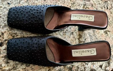 Vintage Women Garolini of Italy black Satin Beaded high heel Sandals size 9 M