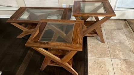 Wood and Glass Top Table Set of 3