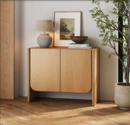 Jacala raw 37.1 in Mid Century Modern Rounded Wood Sideboard accent cabinet with interior shelves