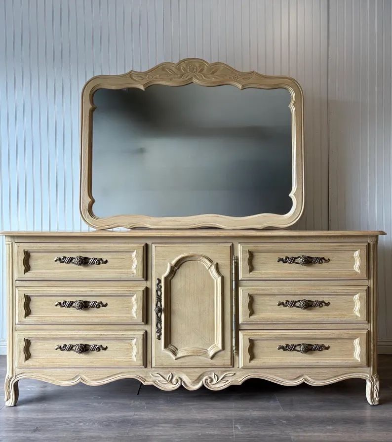 Vintage French Provincial Country Farmhouse Bedroom Furniture Dresser Mirror Nursery Tv Stand Buffet Cabinet Drexel Cabernet White Washed 