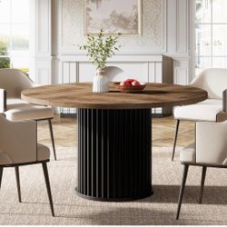 47.24-Inch Black Round Dining Table for 4-6 People, Modern Fluted MDF + Metal Base Kitchen Table, Sturdy Circle Dining Room Furniture, Brown + Black