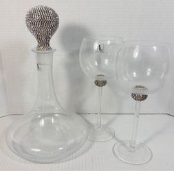Alan Lee Collection Decanter 2 Wine Glasses luxury crystal w/ rhinestones
