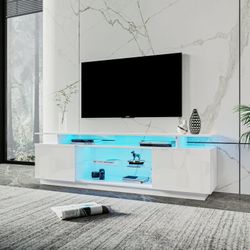 70.87 in. White  Wood TV Stand Cabinet Table Fits TV's up to 80 in. With 16-Color LED Light and 4-kinds of Discoloration