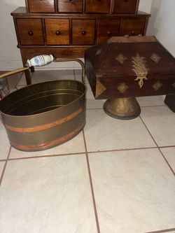 Vintage copper and brass coal bucket & 19 century Kerala Indian brass and wood box