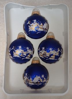 “Vintage” CHRISTMAS VILLAGE, Elegant Blue Glass Christmas Ornaments by Sparkling Creations