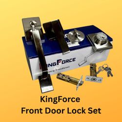New, KingForce Front Door Lock Set with Handle, featuring a single cylinder deadbolt, easy installation, reversible lever, and durable handleset
