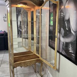 Antique Curio Cabinet With Glass Shelves & Light 71.5”H25”Lx13”W