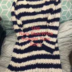 Women’s GAP 3/4 Sleeve Tunic, Navy Blue & White Stripe, Size L