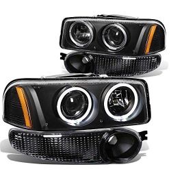 Black Amber Dual LED Halo Rings Projector Headlights Replacement For 02-06 Sierra 1500 Denali /Repuesto De Faros Delanteros De Proyector De Doble LED