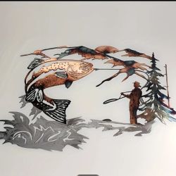 Metal Wall Art  Fishermen And Trout Silhouette (size 2nd picture)