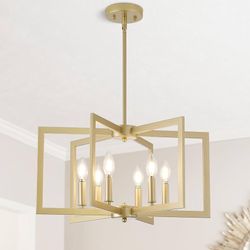 6-Light Gold Chandelier Metal Farmhouse Adjustable Fixture Dining Room Kitchen