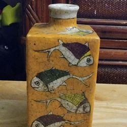 Vintage Persian Square Ceramic Vase Featuring Hand Painted Fish Motif