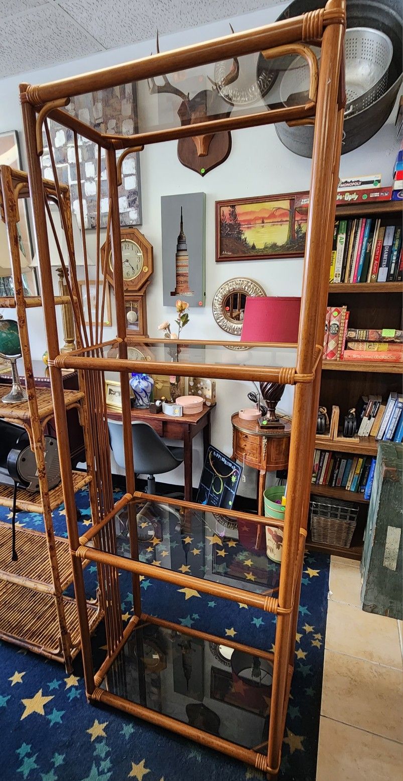 Vintage MCM Bentwood 4 Glass Shelf Wall Unit, Absolutely Gorgeous.  The shelves measure approximately 28" wide, 17" deep, 77" high