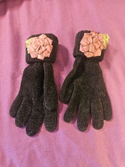 Black Knit Gloves with Rose Flower Embellishment