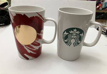 2 Starbucks 2014 Coffee Tea Cup Mug 16oz White Red Gold Dot Green Siren Thailand
